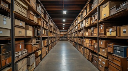 Fototapeta premium A dimly lit vintage warehouse aisle filled with wooden shelves stacked with various boxed items, creating a sense of history and discovery within its confines.