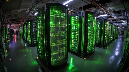 A state-of-the-art data center showcasing orderly green-lit server racks and connecting cables, representing the backbone of modern digital technology and connectivity.