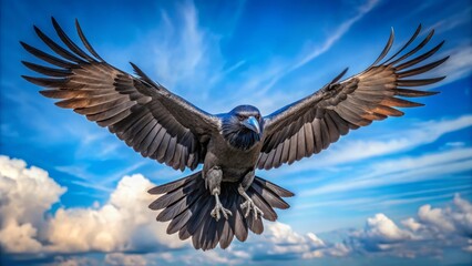 Obraz premium Soaring high above, a magnificent black raven elegantly stretches its wings against a vivid blue sky, embodying the