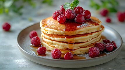 A delightful stack of fluffy pancakes topped with syrup and vibrant fresh berries, exuding warmth and comfort, perfect for a cozy breakfast setting.