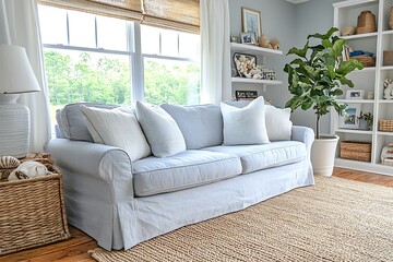 Fototapeta premium Cozy living room with a light sofa and natural decor.