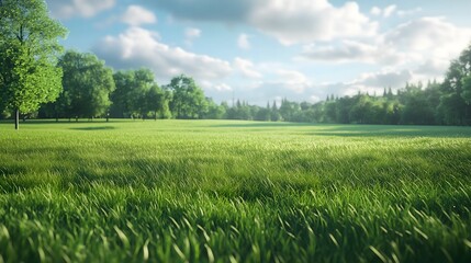 Obraz premium Green meadow under a blue sky, a rural landscape bathed in sunlight