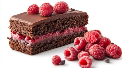 A richly layered chocolate cake filled with raspberry cream and topped with fresh raspberries, offering a decadent pastry experience with every bite.