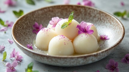 A beautifully plated dessert with delicate floral and herbal garnishes, offering a visually appealing culinary experience, with meticulous attention to detail.