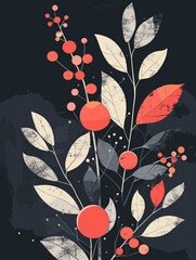 A painting of a flower with red berries and leaves. The painting is abstract and has a sense of movement