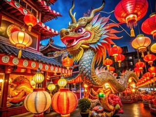 Festive Chinese New Year Icons Featuring Lanterns, Dragons, and Traditional Symbols for Celebrations
