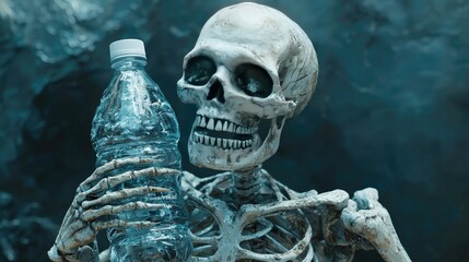 Halloween Background, Skeleton holding a water bottle, isolated on white background.