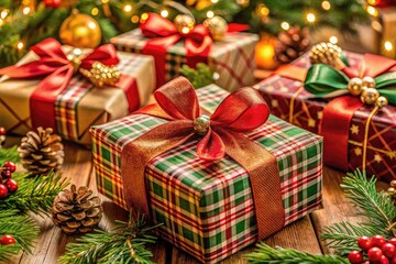 Festive Christmas Boxes Wrapped with Ribbons and Tags Ready for Holiday Gift Giving and Celebration