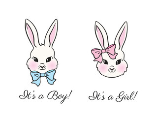 Baby shower greeting cards illustrations. Cute bunny boy and girl.