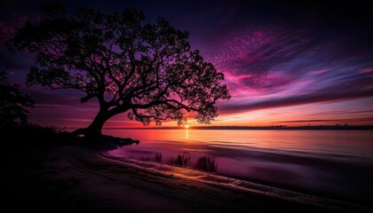 Sunset silhouette with vibrant colors, serene and expansive, Nature, Warm hues, Photograph, Evening beauty