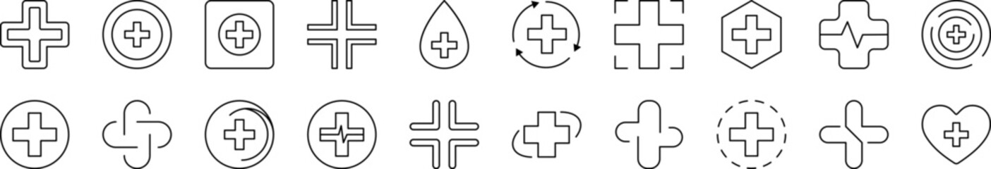 Medical Cross as Hospital Symbol Collection of Thin Icons. Editable Stroke. Suitable for Web Sites, Books, Cards, Apps