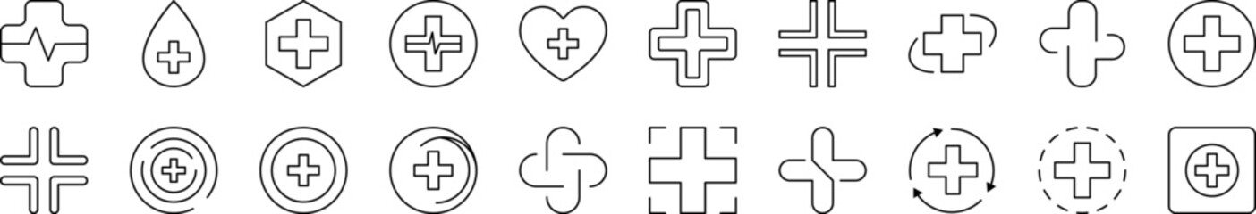 Fototapeta premium Medical Cross as Hospital Symbol Set of Thin Icons. Editable Stroke. Suitable for Web Sites, Books, Cards, Apps