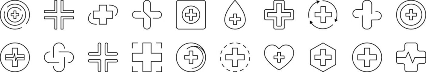 Obraz premium Medical Cross as Hospital Symbol Simple Isolated Line Icons Collection. Editable Stroke. Suitable for Web Sites, Books, Cards, Apps
