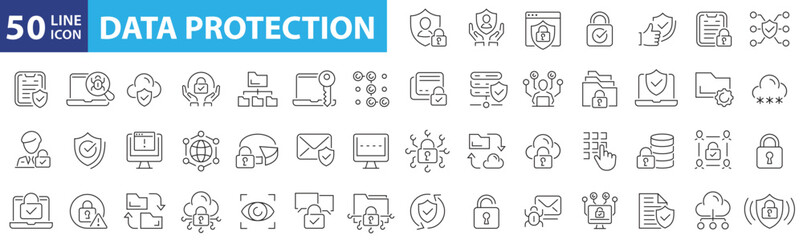 Data protection 50 icon set. Cyber security, privacy, security, encryption, cyber, confidentiality, consent and more. Editable stroke. Vector illustration