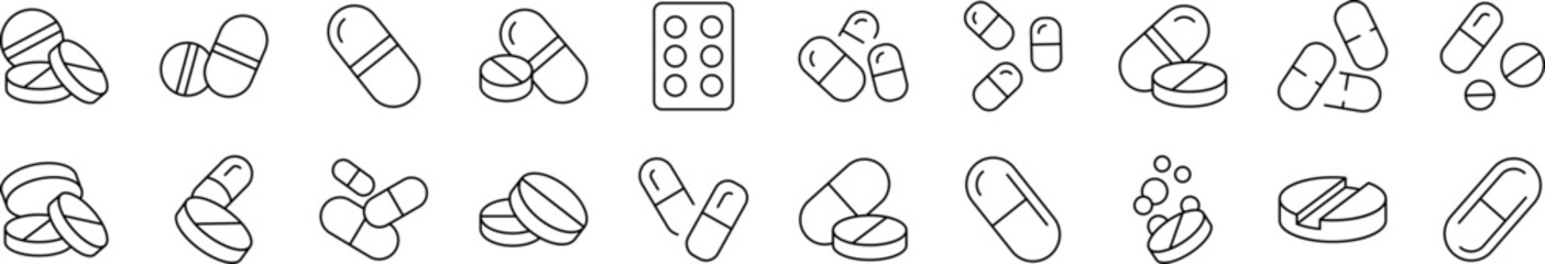 Pills and Medication Thin Icons Collection. Editable Stroke. Suitable for Web Sites, Books, Cards, Apps