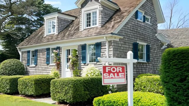Closeup of Red "For Sale" Sign in Front of Charming Cape Cod-Style House