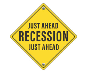 Yellow color road sign with recession just ahead text