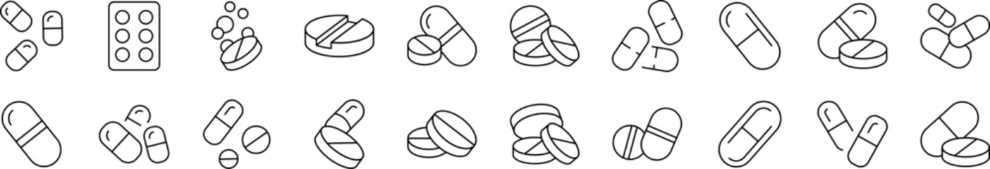 Pills and Medication Icon Set for UI, Placards, Books, Apps. Editable Stroke. Suitable for Web Sites, Books, Cards, Apps