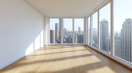 Obraz premium Spacious room with city skyline view and natural light.