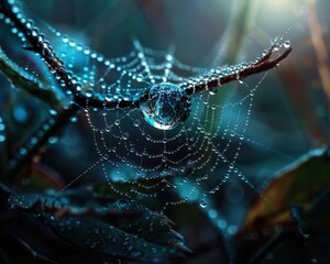 Water droplets on a spider web, delicate and serene, Nature, Cool tones, Photograph, Natural wonder