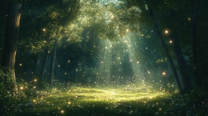 Enchanted Woodland Pathway with Glimmering Fireflies
