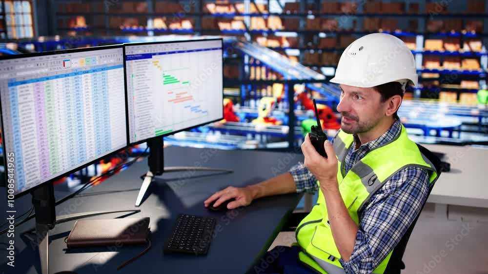 Poster Warehouse Worker Manager Using Computer And Walkie-Talkie