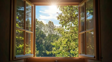 A sunny day view through an open window, showcasing vibrant green trees and a bright blue sky, creating a serene atmosphere.