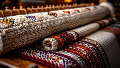 Weaving loom with intricate patterns, artistic and traditional, Artisan, Soft hues, Photograph, Textile craft