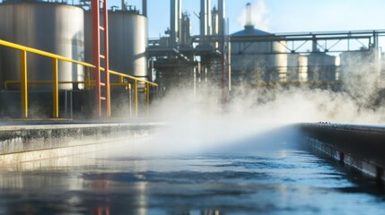 Obraz premium Water mist suspended inside a fuel tank, with industrial oil tank warehouse structures in the background.
