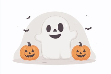 Cute cartoon Halloween ghost with pumpkin Jack-o'-lantern.