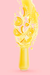 Flow of orange juice flowing into drinking glass, flying orange pieces, drops, splashes of juice on pink background. Summer drink for advertising, label product, branding, design, card, flyer.