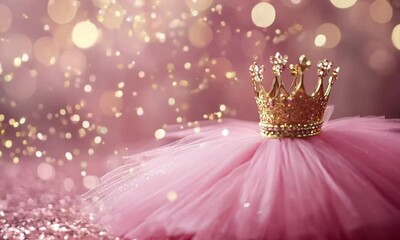 A pink tutu skirt with a gold crown on it, a princess-themed background, blurred lights in the background