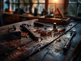 Woodworking shop with tools and projects, industrious and creative, Artisan, Earth tones, Photograph, Craftsmanship