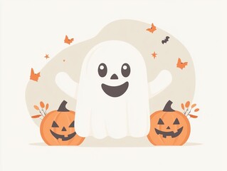 Obraz premium Cute cartoon Halloween ghost with pumpkin Jack-o'-lantern.