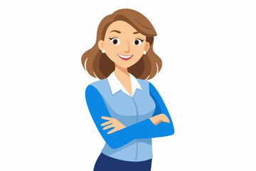 Portrait of a smiling business woman wearing a blue shirt and grey pants standing with her arms crossed isolated on a white background. vector art illustration.