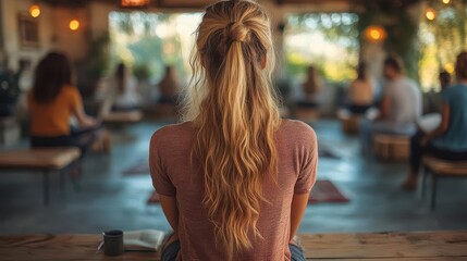 a supportive group therapy session unfolds as a back view of a blonde woman participates surrounded by diverse individuals sharing warmth and connection in a softly lit inviting room