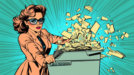 A businesswoman politician is shredding top-secret government documents in a retro pop art style. The scene highlights the importance of secure document storage and data protection.