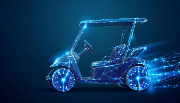 Digital smart  Golf Cart in low poly design on a blue background. Modern Sport Innovation, eco-friendly transportation, and innovation in outdoor activities. advanced technology in sports  leisure.