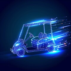Digital smart  Golf Cart in low poly design on a blue background. Modern Sport Innovation, eco-friendly transportation, and innovation in outdoor activities. advanced technology in sports  leisure.