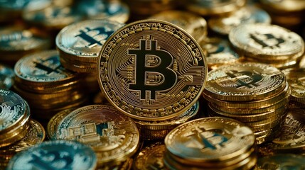 A collection of gleaming Bitcoin coins is meticulously stacked on a wooden table, highlighting the allure and significance of cryptocurrency in modern finance
