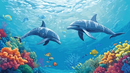 Fototapeta premium Two dolphins swim over a vibrant coral reef with colorful fish.