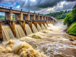 Flood gates open to release water from a reservoir during heavy rainfall in a suburban area