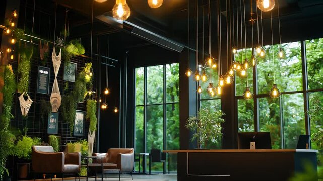 Futuristic laboratory interior with modern art installation. Warm incandescent bulbs illuminate eclectic decor. Potted plants and macram&eacute; hangings create tranquil ambiance. 