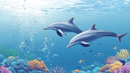 Fototapeta premium Two dolphins swim over vibrant coral reef with sunbeams and bubbles.