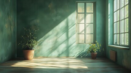 Obraz premium a tranquil empty green room with sunlight filtering through an airy window creating a serene ambiance inviting contemplation and reflection in a minimalist space