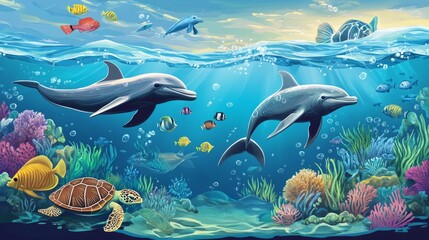 Fototapeta premium Two dolphins swimming in a vibrant underwater scene with coral reefs, colorful fish, and a sea turtle.