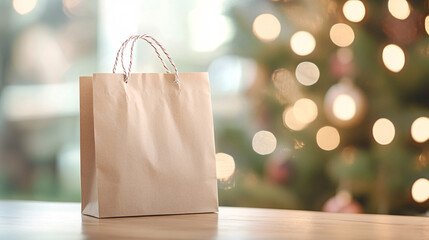 Brown paper gift bag with rope handles on a wooden surface with glowing holiday lights in the background, featuring bokeh and a festive winter atmosphere for eco-friendly Christmas packaging