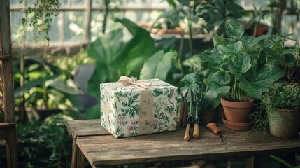 Cozy Greenhouse with Potted Plants and Floral Wrapped Gift