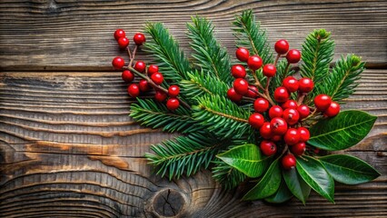 Fresh Christmas Sprig with Green Leaves and Red Berries on a Rustic Wooden Background for Holidays