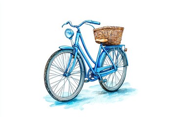 A vintage blue bicycle with a wicker basket, perfect for leisurely rides. Ideal for illustrations of travel and outdoor adventures.